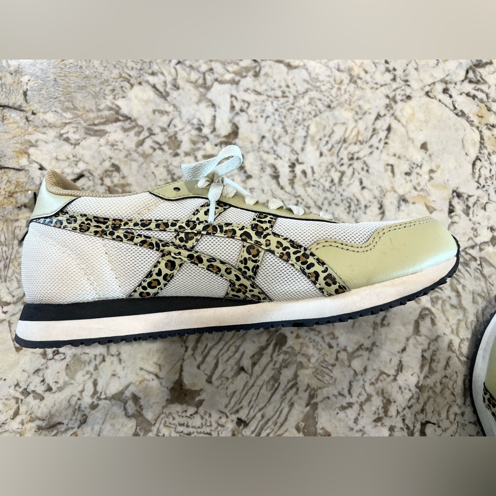 Asics Women's White and Olive Leopard Accent Athletic Sneakers